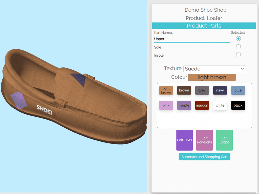 Customer frontend of shoe in product configurator