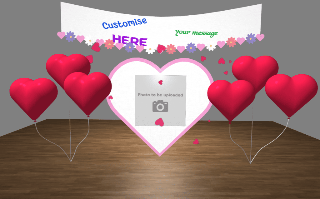 Personalised Valentine's Day eCard - Heart balloons and heart board with top banner - Customisable text and upload your own photo