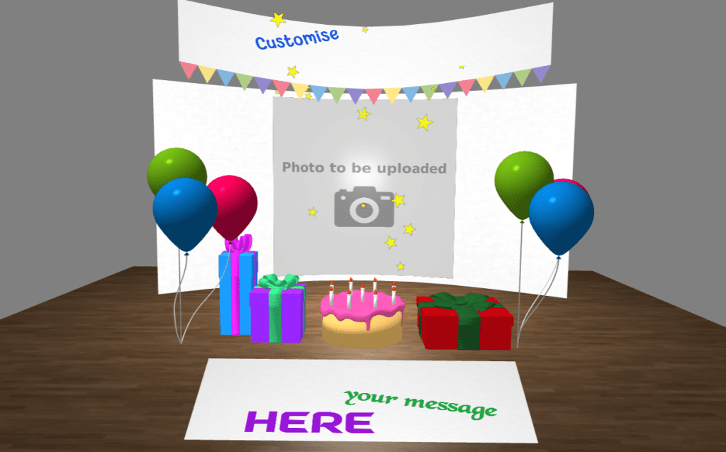 Personalised Birthday eCard - Cake, presents, and balloons with top banner - Customisable text and upload your own photo