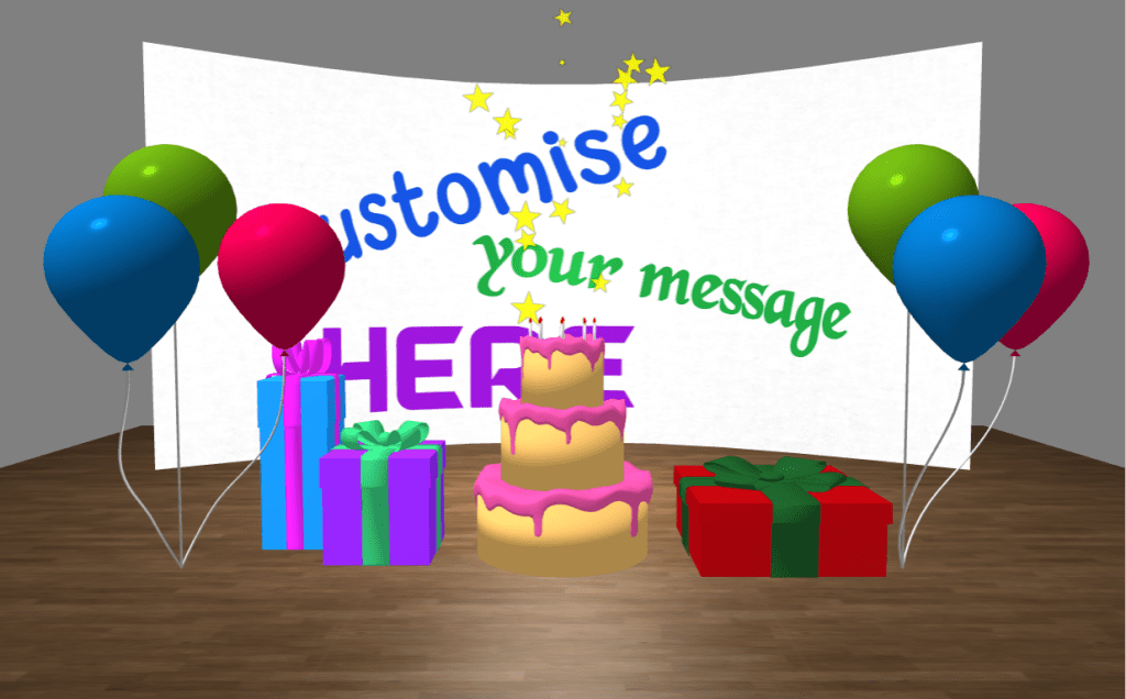 Personalised Birthday eCard - 3 tier cake, presents, and balloons - Customisable text