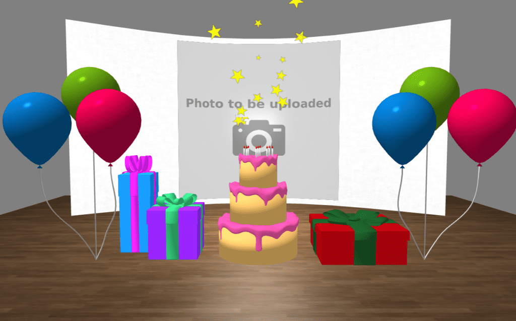 Personalised Birthday eCard - 3 tier cake, presents, and balloons - Upload your own photo