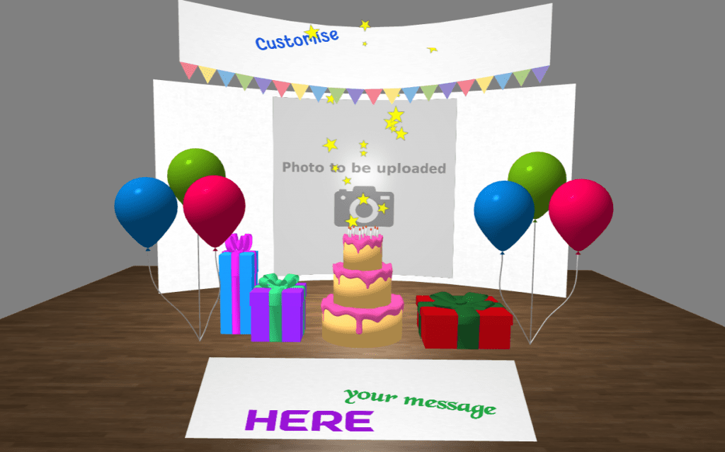 Personalised Birthday eCard - 3 tier cake, presents, and balloons with top banner - Customisable text and upload your own photo